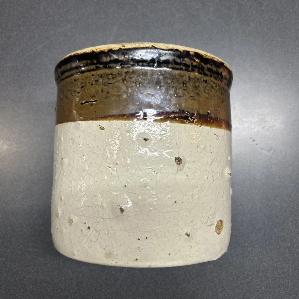 Vintage Two- Tone Brown and Cream Stoneware Crock Pottery Kitchen Decor Utensils